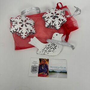 Trades of Hope White Metal Snowy Ornament Set‎ Snowflake Bird 3pc | SSN
